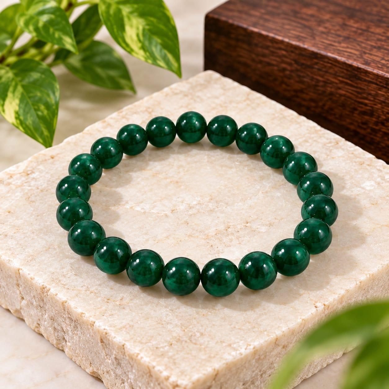 Original Natural Jade Green Bracelet – Authentic Hand-Carved Gemstone Bead Wristband with Mayan Glyph Tikal Theme